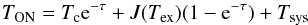 \begin{eqnarray} T_{\rm ON} = T_{\rm c}{\rm e}^{-\tau} + J(T_{\rm ex})(1-{\rm e}^{-\tau}) + T_{\rm sys} \end{eqnarray}