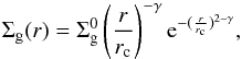 \begin{eqnarray} \Sigma_{\text{g}}(r) = \Sigma^{0}_{\text{g}}\left(\dfrac{r}{r_{\text{c}}}\right)^{-\gamma}{\rm e}^{-(\frac{r}{r_{\text{c}}})^{2-\gamma}}, \label{eq:gas} \end{eqnarray}