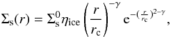 \begin{eqnarray} \Sigma_{\text{s}}(r) = \Sigma^{0}_{\text{s}}\eta_{\text{ice}}\left(\dfrac{r}{r_{\text{c}}}\right)^{-\gamma}{\rm e}^{-(\frac{r}{r_{\text{c}}})^{2-\gamma}}, \label{eq:solidos} \end{eqnarray}
