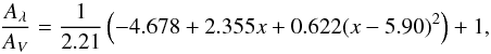 \begin{equation} \frac{A_{\lambda}}{A_V} = \frac{1}{2.21}\left(-4.678 + 2.355x + 0.622(x-5.90)^2\right) + 1 , \end{equation}