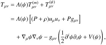 \begin{eqnarray} T_{\mu\nu} &=& A(\psi)T_{\mu\nu}^{(m)} + T_{\mu\nu}^{(\psi)}\nonumber\\[2mm] &=& A(\psi)\left[(P+\rho)u_{\mu}u_{\nu} + Pg_{\mu\nu}\right] \label{Sym_stress} \\[2mm] &&\quad+ \nabla_{\mu}\psi\nabla_{\nu}\psi - g_{\mu\nu}\left(\frac{1}{2}\partial^i\psi\partial_i\psi + V(\psi)\right), \nonumber \end{eqnarray}