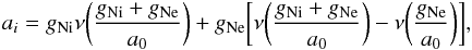 \begin{equation} \label{eq:MOND} a_{i} = g_{\rm Ni} \nu\bigg(\dfrac{g_{\rm Ni}+g_{\rm Ne}}{a_0}\bigg) + g_{\rm Ne}\bigg[ \nu\bigg(\dfrac{g_{\rm Ni}+g_{\rm Ne}}{a_0}\bigg) -\nu\bigg(\dfrac{g_{\rm Ne}}{a_0}\bigg) \bigg], \end{equation}