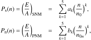 \begin{eqnarray} P_{\rm s}(\rtheo) = \left( \frac{E}{A} \right)_{\rm SNM} &=& \sum_{k=1}^5 a_k \Big(\frac{\rtheo}{\rtheo_0}\Big)^k, \nonumber \\ P_{\rm n}(\rtheo) = \left( \frac{E}{A} \right)_{\rm PNM} &=& \sum_{k=1}^5 b_k \Big(\frac{\rtheo}{\rnum_{0n}}\Big)^k, \label{poly} \end{eqnarray}