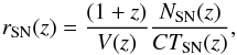 \begin{equation} \label{volrate} r_{\mathrm{SN}}(z)=\frac{(1+z)}{V(z)}\frac{N_{\rm SN}(z)}{CT_{\rm SN}(z)}, \end{equation}