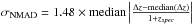 \hbox{$\sigma_{\rm NMAD} = 1.48\times {\rm median} \left| \frac{ \Delta z{\rm -median}(\Delta z)}{1+z_{spec}} \right|$}