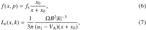 \begin{eqnarray} &&f(x,p)=f_{\mathrm{s}}\frac{x_{0}}{x+x_{0}},\label{eq: SST part distrib func} \\ &&I_{\mathrm{w}}(x,k)=\frac{1}{3\pi}\frac{\Omega B^{2}|k|^{-3}}{(u_{1}-V_{\mathrm{A}})(x+x_{0})},\label{eq:SST wave intensity} \end{eqnarray}
