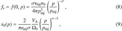 \begin{eqnarray} &&f_{\mathrm{s}}=f(0,p)=\frac{\sigma\epsilon_{\mathrm{inj}}n_{\mathrm{0}}}{4\pi p_{\mathrm{inj}}^{3}}\left(\frac{p}{p_{\mathrm{inj}}}\right)^{-\sigma},\label{eq: SST shock distr func} \\ &&x_{0}(p)=\frac{2}{\pi\epsilon_{\mathrm{inj}}\sigma}\frac{V_{\mathrm{A}}}{\Omega_{\mathrm{0}}}\left(\frac{p}{p_{\mathrm{inj}}}\right)^{\sigma-3},\label{eq: SST x0} \end{eqnarray}