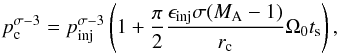 \begin{equation} p_{\mathrm{c}}^{\sigma-3}=p_{\mathrm{inj}}^{\sigma-3}\left(1+\frac{\pi}{2}\frac{\epsilon_{\mathrm{inj}}\sigma(M_{\mathrm{A}}-1)}{r_{\mathrm{c}}}\Omega_{\mathrm{0}}t_{\mathrm{s}}\right),\label{eq: Cut-off momentum} \end{equation}