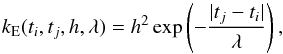 \appendix \setcounter{section}{1} \begin{equation} k_\mathrm{E}(t_i,t_j, h, \lambda) = h^2 \exp\left(-\frac{|t_j-t_i|}{\lambda}\right), \end{equation}