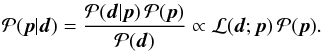 \begin{eqnarray} \label{bayes} {\cal P}({\vec p}|{\vec d}) = \frac{ {\cal P}({\vec d}|{\vec p}) \,{\cal P}({\vec p}) }{{\cal P}({\vec d})} \propto {\cal L}({\vec d};{\vec p}) \, {\cal P}({\vec p}). \end{eqnarray}