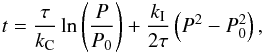 \begin{eqnarray} t = \frac{\tau}{k_{\rm C}} \ln\left(\frac{P}{P_0}\right) + \frac{k_{\rm I}}{2 \tau} \left(P^2 - P_0^2 \right), \label{eq:Barnes2010} \end{eqnarray}