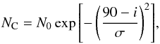 \begin{equation} \label{eq:num_clouds} N_\mathrm{C}=N_0 \exp{\left[-\left(\frac{90-i}{\sigma}\right)^{2}\right]} , \end{equation}