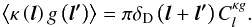 \begin{equation} \left\langle \kappa\left(\boldsymbol{l}\right)g\left(\boldsymbol{l'}\right)\right\rangle =\pi\delta_{\rm D}\left(\boldsymbol{l}+\boldsymbol{l'}\right)C_{l}^{\kappa g} . \end{equation}