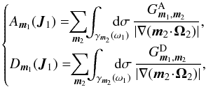 \begin{equation} \begin{cases} \displaystyle A_{\bm{m}_{1}} (\bm{J}_{1}) = \!\! \sum_{\bm{m}_{2}} \!\! \int_{\gamma_{\bm{m}_{2}} (\omega_{1})} \!\!\!\!\!\!\!\! \mathrm{d} \sigma \, \frac{G_{\bm{m}_{1} , \bm{m}_{2}}^{\rm A}}{| \nabla (\bm{m}_{2} \!\cdot\! \bm{\Omega}_{2}) |} , \\ \displaystyle D_{\bm{m}_{1}} (\bm{J}_{1}) = \!\! \sum_{\bm{m}_{2}} \!\! \int_{\gamma_{\bm{m}_{2}} (\omega_{1})} \!\!\!\!\!\!\!\! \mathrm{d} \sigma \, \frac{G_{\bm{m}_{1} , \bm{m}_{2}}^{\rm D}}{| \nabla (\bm{m}_{2} \!\cdot\! \bm{\Omega}_{2}) |} , \end{cases} \label{rewriting_drift_diff_II} \end{equation}