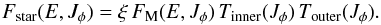\begin{equation} F_{\rm star} (E , J_{\phi}) = \xi \, F_{\rm M} (E , J_{\phi}) \, T_{\rm inner} (J_{\phi}) \, T_{\rm outer} (J_{\phi}) . \label{definition_Fstar} \end{equation}
