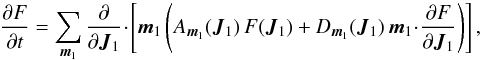 \begin{equation} \frac{\partial F}{\partial t} = \sum_{\bm{m}_{1}} \frac{\partial }{\partial \bm{J}_{1}} \!\cdot\! \left[ \bm{m}_{1} \left( A_{\bm{m}_{1}} ( \bm{J}_{1} ) \, F ( \bm{J}_{1} ) + D_{\bm{m}_{1}} ( \bm{J}_{1} ) \, \bm{m}_{1} \!\cdot\! \frac{\partial F}{\partial \bm{J}_{1}} \right) \right] , \label{initial_BL_rewrite} \end{equation}