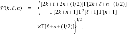 \appendix \setcounter{section}{1} \begin{eqnarray} \mathcal{P} (k ,\ell , n)& = &\Bigg\{\! \frac{[2 k \!+\! \ell \!+\! 2 n \!+\! (1\!/2)] \Gamma [2 k \!+\! \ell \!+\! n \!+\! (1\!/2)]}{\Gamma [2 k \!+\! n \!+\! 1] \, \Gamma^{2} [\ell \!+\! 1] \, \Gamma[n \!+\! 1] } \nonumber \\ && \times \Gamma[\ell \!+\! n \!+\! (1\!/2)] \!\Bigg\}^{1\!/2} , \label{definition_P_Kalnajs} \end{eqnarray}