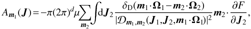\begin{equation} A_{\bm{m}_{1}} (\bm{J}) \! = \! - \pi (2 \pi)^{d} \mu \!\! \sum_{\bm{m}_{2}} \!\! \int \!\!\! \mathrm{d} \bm{J}_{2} \frac{\delta_{\rm D} (\bm{m}_{1} \!\cdot\! \bm{\Omega}_{1} \!-\! \bm{m}_{2} \!\cdot\! \bm{\Omega}_{2})}{|\mathcal{D}_{\bm{m}_{1} , \bm{m}_{2}} (\bm{J}_{1} , \!\bm{J}_{2}, \!\bm{m}_{1} \!\cdot\! \bm{\Omega}_{1} \!) |^{2}} \bm{m}_{2} \!\cdot\! \frac{\partial F}{\partial \bm{J}_{2}}, \label{initial_drift} \end{equation}