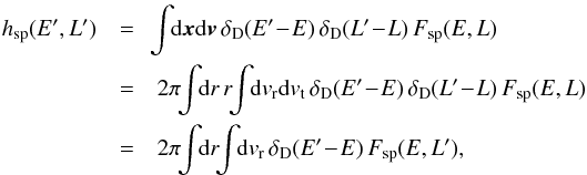 \appendix \setcounter{section}{5} \begin{eqnarray} h_{\rm sp} (E',L') & =& \!\! \int \!\! \mathrm{d} \bm{x} \mathrm{d} \bm{v} \, \delta_{\rm D} (E' \!-\! E ) \, \delta_{\rm D} (L' \!-\! L) \, F_{\rm sp} (E , L) \nonumber \\ & =& 2 \pi \!\! \int \!\! \mathrm{d} r \, r \!\! \int \!\! \mathrm{d} v_{\rm r} \mathrm{d} v_{\rm t} \, \delta_{\rm D} (E' \!-\! E) \, \delta_{\rm D} (L' \!-\! L) \, F_{\rm sp} (E ,L) \nonumber \\ & =& 2 \pi \!\! \int \!\! \mathrm{d} r \!\! \int \!\! \mathrm{d} v_{\rm r} \, \delta_{\rm D} (E' \!-\! E) \, F_{\rm sp} (E , L') , \label{link_h_F_sampling} \end{eqnarray}