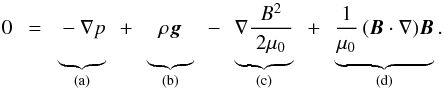 \begin{equation} \label{E:force} 0 ~~=~~ \underbrace{\rrr-\nabla{p}}_{\rm(a)} ~~+~~ \underbrace{\rrr\rho\bm{g}}_{\rm(b)} ~~-~~ \underbrace{\rrr\nabla\frac{B^2}{~2\mu_0~}}_{\rm(c)} ~~+~~ \underbrace{\rrr\frac{1}{\mu_0}\,(\bm{B}\cdot\nabla)\bm{B}}_{\rm(d)} . \end{equation}