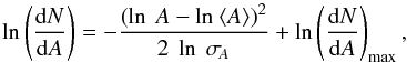 \begin{equation} \ln\left(\frac{\mathrm{d}N}{\mathrm{d}A}\right) = -\frac{\left(\ln~A - \ln~\langle A \rangle\right)^2} {2~\ln~\sigma_{\!A}} + \ln\left(\frac{\mathrm{d}N}{\mathrm{d}A}\right)_{\rm max}, \end{equation}