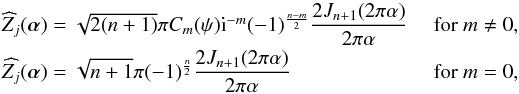 \appendix \setcounter{section}{1} \begin{equation} \renewcommand{\arraystretch}{2} \begin{array}{@{}ll} \widehat{Z}_j(\boldsymbol{\alpha})=\sqrt{2 (n+1)} \pi C_m(\psi) {\rm i}^{-m} (-1)^{\frac{n-m}{2}}\dfrac{2 J_{n+1}(2\pi \alpha)}{2\pi \alpha} &\mathrm{~for~}m \neq 0, \\ \widehat{Z_{j}}(\boldsymbol{\alpha})=\sqrt{n+1} \pi (-1)^{\frac{n}{2}}\dfrac{2 J_{n+1}(2\pi \alpha)}{2\pi \alpha} &\mathrm{~for~}m = 0 , \\ \end{array} \label{eq:zernike_FT} \end{equation}