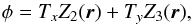 \begin{equation} \phi = T_x Z_2(\vec{r}) + T_y Z_3(\vec{r}), \label{eq:phase} \end{equation}