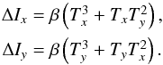 \begin{equation} \begin{array}{@{}c} \Delta I_x =\beta \left( T_x^3+T_x T_y^2 \right), \\[2mm] \Delta I_y =\beta \left( T_y^3+T_y T_x^2 \right). \end{array} \label{eq:model} \end{equation}