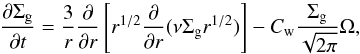 \begin{equation} \label{eq:diffusion} \frac{\partial \Sigma_{\rm g}}{\partial t} = \frac{3}{r} \frac{\partial}{\partial r} \left[r^{1/2} \frac{\partial}{\partial r} (\nu \Sigma_{\rm g} r^{1/2})\right] - C_{\rm w} \frac{\Sigma_{\rm g}}{\sqrt{2 \pi}} \Omega, \end{equation}