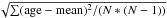 \hbox{$\sqrt{\sum ({\rm age -mean})^2/(N*(N-1))}$}