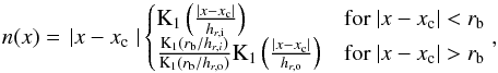 \begin{eqnarray} \label{model2D} n(x,z) = n_{bg} + n_0 \text{sech}^2\left(\frac{z-z_{\rm c}}{z_0}\right) n(x) \end{eqnarray}