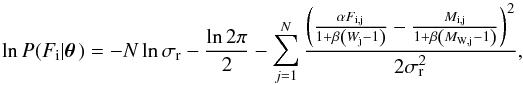 \begin{equation} \ln P(F_\mathrm{i}|\pvec) = -N \ln \sigma_\mathrm{r} - \frac{\ln 2\pi}{2} - \sum_{j=1}^N \frac{\left(\frac{\alpha F_\mathrm{i,j}}{1+\beta\left(W_\mathrm{j}-1\right)} - \frac{M_\mathrm{i,j}}{1+\beta\left(M_\mathrm{W,j}-1\right)}\right )^2}{2\sigma_\mathrm{r}^2}, \label{eq:logl_relative_flux} \end{equation}
