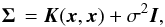 \begin{equation} \covmat = \vec{K}(\vec{x},\vec{x}) + \sigma^2\vec{I}, \end{equation}