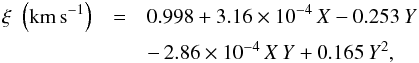 \begin{eqnarray} \label{eq:micro} \xi \,\,\left(\rm{km\,s^{-1}}\right) &=& 0.998 + 3.16\times10^{-4}\,X - 0.253\,Y \nonumber \\ &&-\,2.86 \times 10^{-4}\,X\,Y + 0.165\,Y^2, \end{eqnarray}