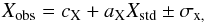 \appendix \setcounter{section}{1} \begin{eqnarray} {X_{\rm obs}} = {c_{\rm X}} + {a_{\rm X}} {X_{\rm std}} \pm \sigma_\mathrm{x,} \end{eqnarray}