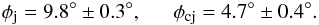 \begin{equation} \phi_{\mathrm{j}}=9.8^{\circ} \pm 0.3^{\circ}, ~~~~~~ \phi_{\mathrm{cj}}=4.7^{\circ} \pm 0.4^{\circ} . \end{equation}