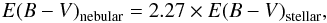 \appendix \setcounter{section}{1} \begin{eqnarray} \label{eq:color} {E(B-V)}_{\mathrm{nebular}}=2.27\times {E(B-V)}_{\mathrm{stellar}}, \end{eqnarray}
