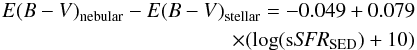 \appendix \setcounter{section}{1} \begin{eqnarray} \label{eq:attdiff} {E(B-V)}_\mathrm{nebular}-{E(B-V)}_\mathrm{stellar}=-0.049+0.079\nonumber\\ \times(\log(\mathrm{s}\textit{SFR}_\mathrm{SED})+10) \end{eqnarray}
