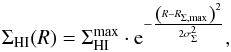 \begin{equation} \Sigma_{\rm HI}(R) = \Sigma_{\rm HI}^{\rm max} \cdot {\rm e}^{-\frac{\left(R-R_{\rm \Sigma,max}\right)^2}{2\sigma_{\Sigma}^2}}, \label{eq:Gaussian} \end{equation}