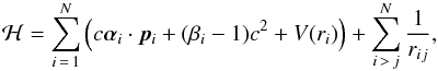 \begin{eqnarray} {\cal H} = \sum_{i\,=\,1}^N \left( c {\bm{ \alpha }}_i \cdot {\bm{ p }}_i + (\beta_i -1)c^2 + V(r_i) \right) + \sum_{i\,>\,j}^N \frac{1}{r_{ij}}, \end{eqnarray}