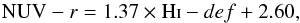 \appendix \setcounter{section}{2} \begin{equation} {\rm NUV}-r = 1.37 \times {\rm H\textsc{i}}-def + 2.60, \end{equation}