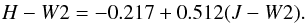\begin{eqnarray} H-W2 = -0.217 + 0.512 (J-W2). \end{eqnarray}