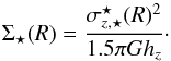 \begin{equation} \protect\label{eqn:vdk*} \Sigma_{\star}(R)=\frac{\sigma_{z\rm,\star}^{\star}(R)^2}{1.5 \pi G h_z}\cdot \end{equation}