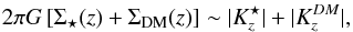 \begin{equation} \protect\label{eqn:radder1} 2\pi G \left[\Sigma_{\star}(z)+\Sigma_{\rm DM}(z)\right]\sim |K_z^{\star}|+|K_z^{DM}|, \end{equation}