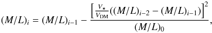 \begin{equation} (M/L)_i = (M/L)_{i-1} - \frac{\left[\frac{V_\star}{V_{\rm DM}} ((M/L)_{i-2}-(M/L)_{i-1})\right]^2 }{(M/L)_0} , \end{equation}