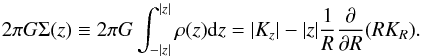\begin{equation} \protect\label{eqn:radder} 2\pi G \Sigma(z)\equiv 2\pi G \int_{-|z|}^{|z|}\rho(z){\rm d}z=|K_z|-|z| \frac{1}{R}\frac{\partial}{\partial R} (RK_R). \end{equation}