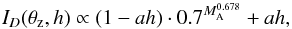 \begin{equation} \label{eq:Id} I_D(\theta_\text{z},h) \propto (1-ah)\cdot 0.7^{M_\text{A}^{0.678}} + ah, \end{equation}
