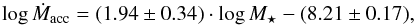 \begin{equation} \log \dot{M}_{\rm acc} = (1.94\pm 0.34)\cdot \log M_{\star} - (8.21\pm 0.17) , \end{equation}
