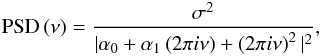 \begin{eqnarray} \label{eq:psdcarma20} \mathrm{PSD\left(\nu\right)}=\frac{\sigma^{2}}{|\alpha_{0}+\alpha_{1}\left(2\pi i\nu\right)+\left(2\pi i\nu\right)^{2}|^{2}}, \end{eqnarray}