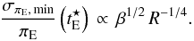 \begin{equation} \label{sigmapiE_min_R} \frac{\sigmapimin}{\pi_{\rm E}} \left( \tEstar \right) \, \propto \, \beta^{1/2} \, R^{-1/4}. \end{equation}